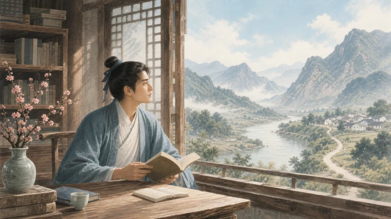 一人坐在窗边读书，窗外是群山与蜿蜒小路