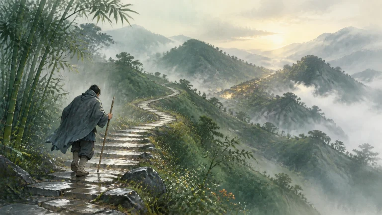披着斗篷的行人拄杖走在云雾山岭的石阶上