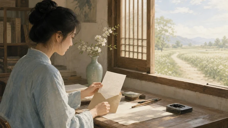 一名女子坐在窗边桌前阅读手中的信纸