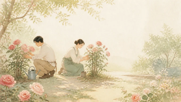 两人蹲在花园里分别照料盛开的玫瑰