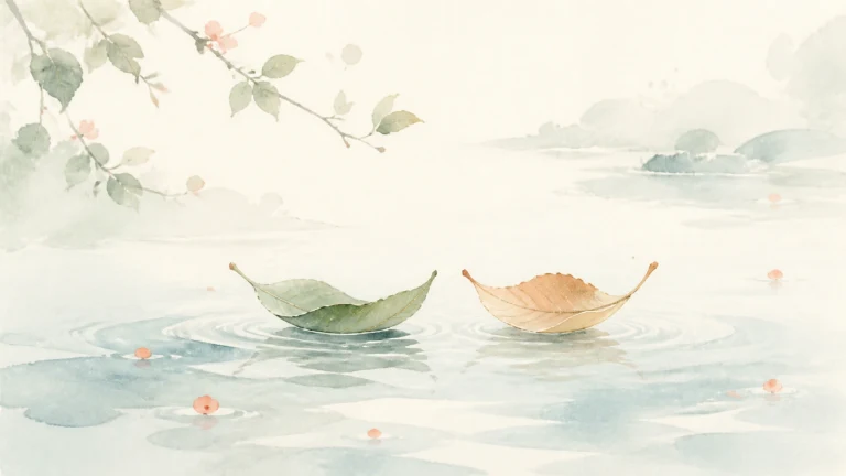 两片叶子像小船般漂在淡彩湖面上