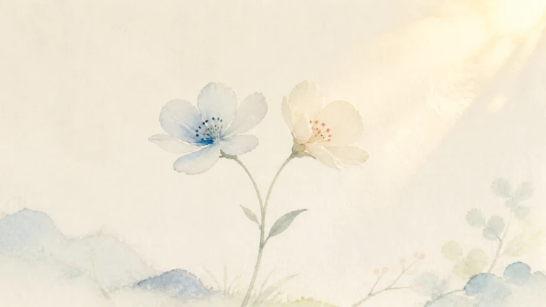 一蓝一粉两朵小花在柔和日光下开放