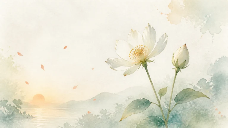 一朵白花与花苞映在淡彩夕阳山水前