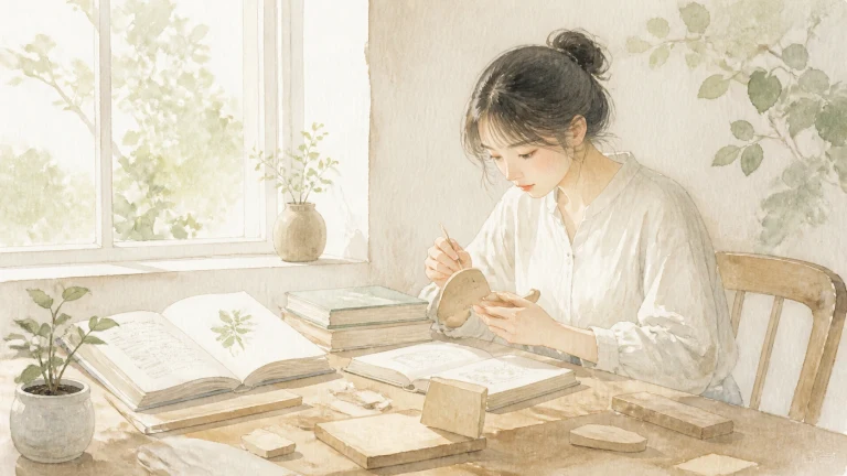 一名女子坐在窗边书桌前整理纸张与书本