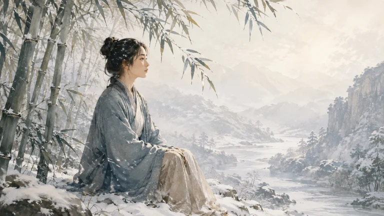 一名女子坐在积雪竹林边眺望山谷
