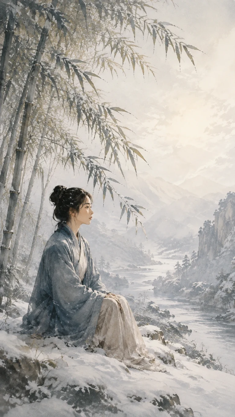 一名女子独坐在雪覆竹林与山水之间