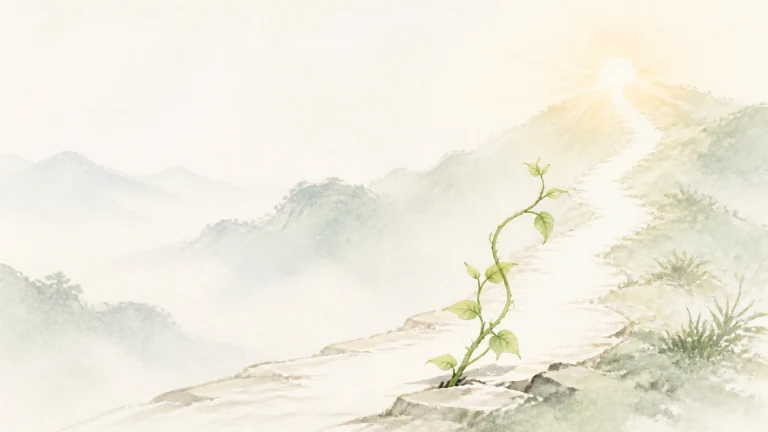 一株嫩芽从岩石缝中伸向云雾山间的阳光