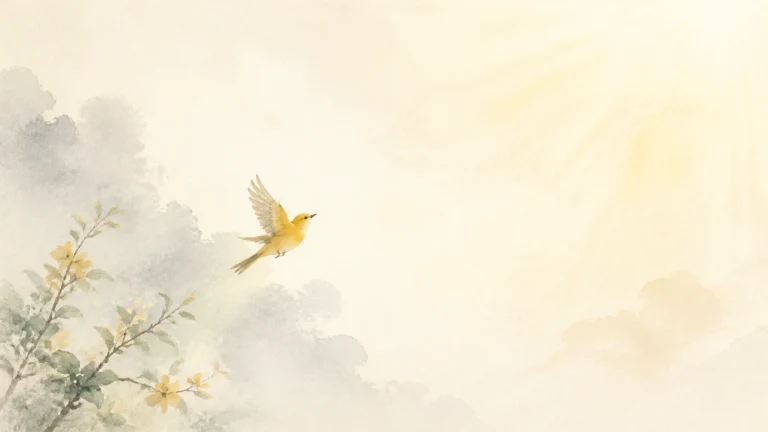 一只黄色小鸟飞过阳光明亮的水墨花枝