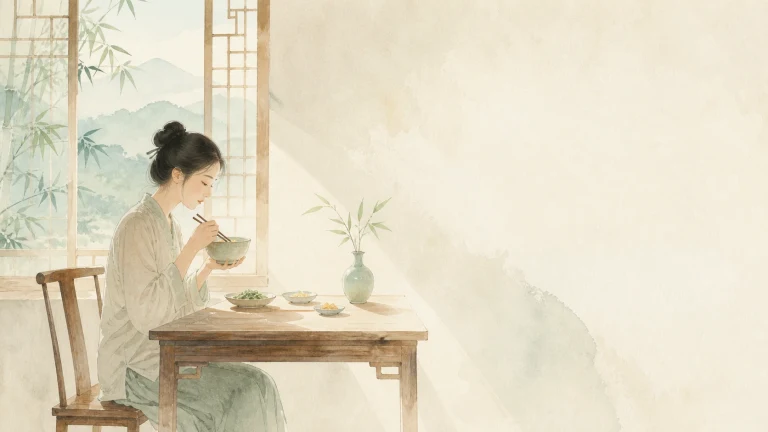 一名女子坐在临山窗边的桌旁端起茶杯