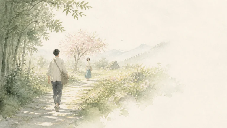 两名行人前后走在竹林与花树环绕的山间小路上