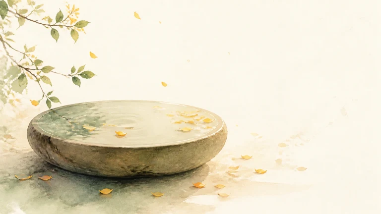 圆形石盘盛着浅水，周围散落几片黄叶