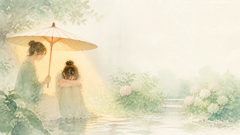 两名女子共撑一把纸伞走在花木环绕的水墨小径上
