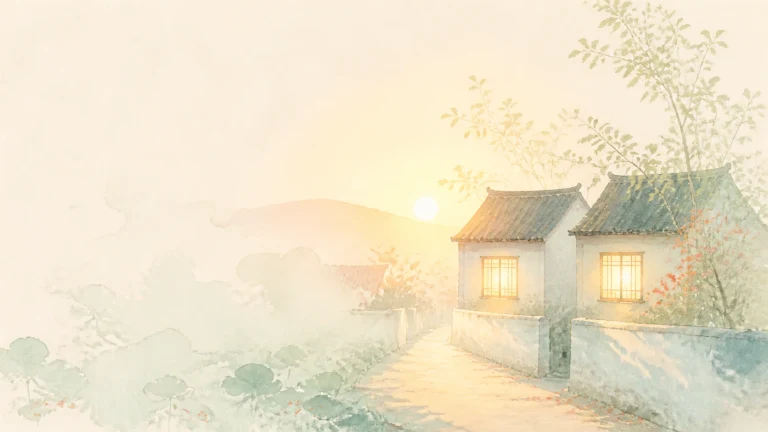 两座窗内亮着暖光的小屋坐落在夕阳山野间