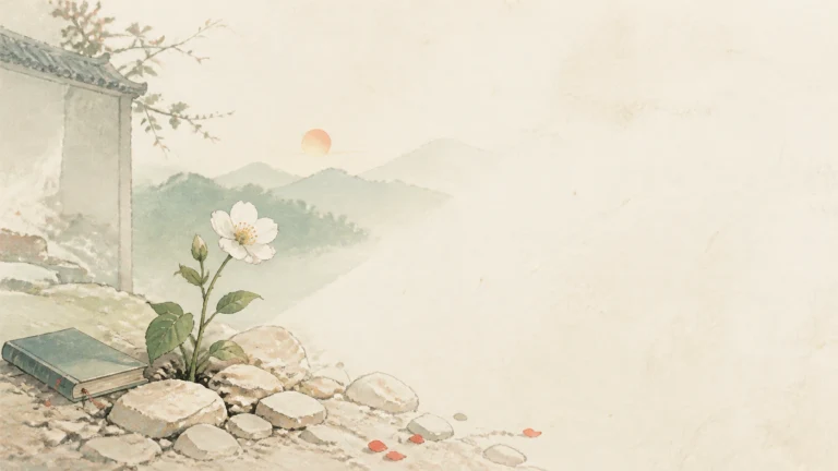 一朵白花从院墙边的碎石与书本旁长出