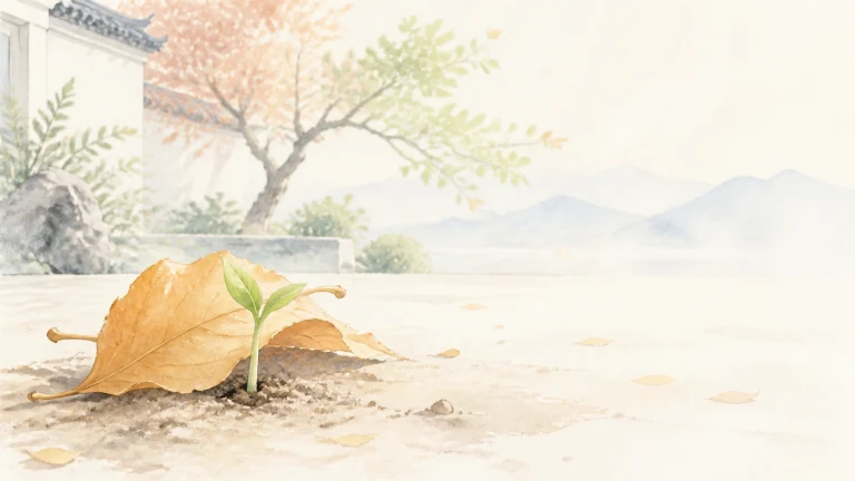 一株嫩芽从落叶旁的土地里长出