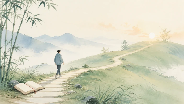 一名行人沿竹林山路走向日出，路边放着摊开的书