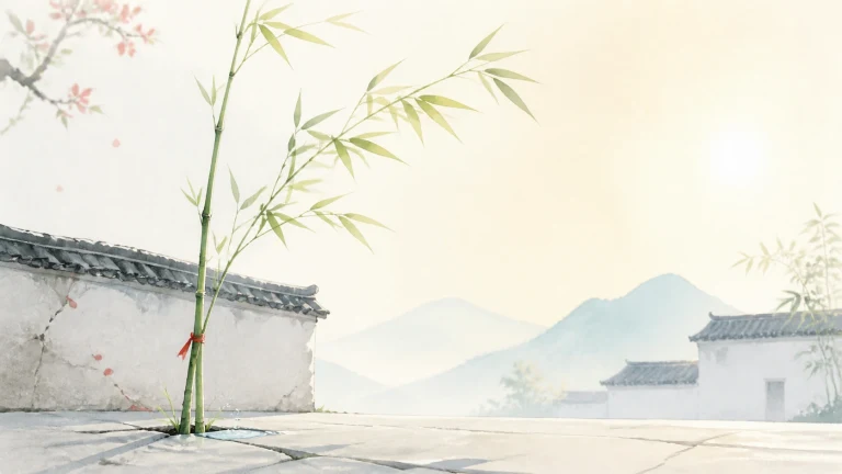 一株系着红绳的青竹立在水墨院墙前