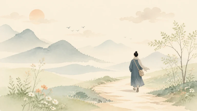 一名行人走在夕阳与层叠群山之间的小路上