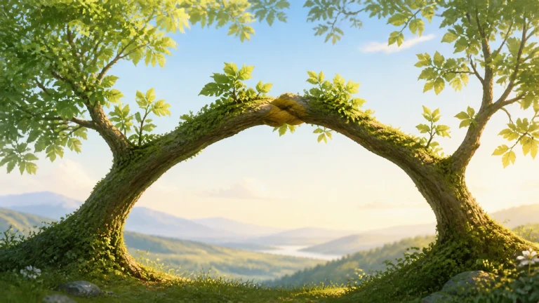 两棵覆满青苔的弯树相接成拱门，远处是山谷