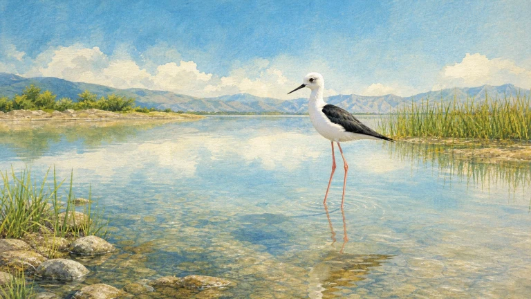 一只黑白长腿水鸟站在清澈浅湖中
