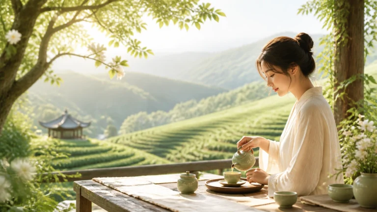 一名女子在茶园山景前的木桌旁冲泡茶水