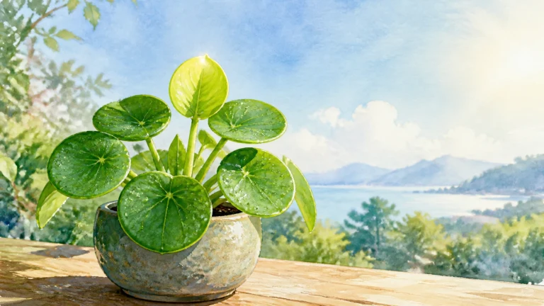 一盆圆叶绿植摆在阳光明亮的山景窗台上