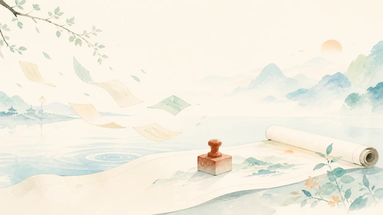 印章与卷轴摆在水墨山水前，纸页随风飘散