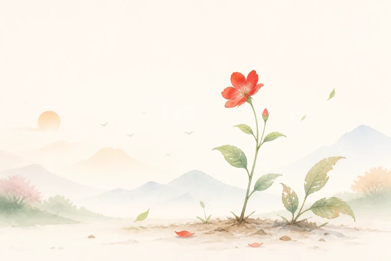 一株红花与幼苗生长在淡彩山地的裸土上