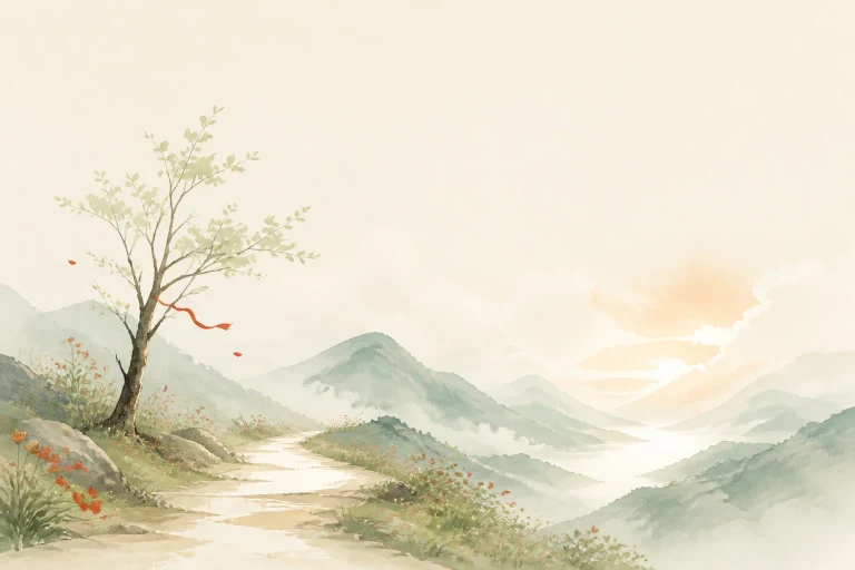 一名行人独自走在枯树与群山之间的小路上