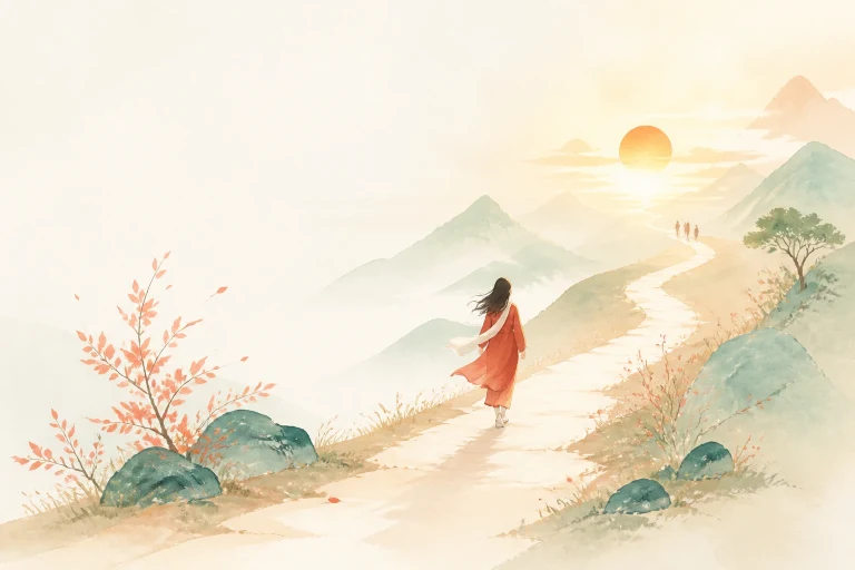 红衣女子沿夕阳下的山脊小路向远方行走