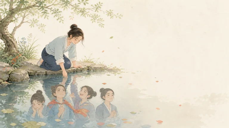 一名女子俯身触碰池水，水中映出多个人影