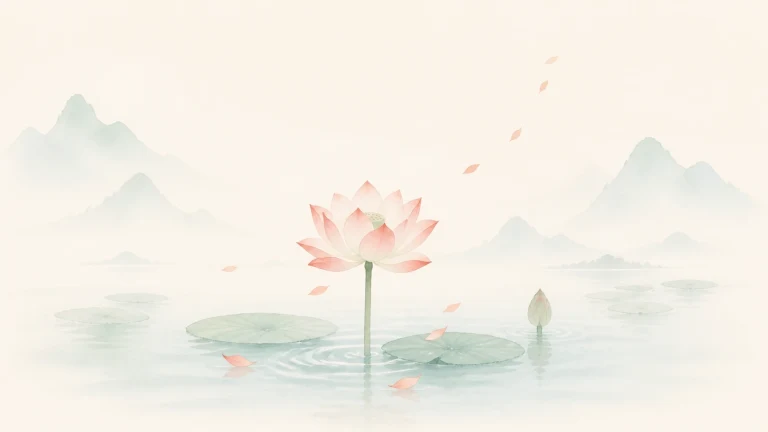 粉色荷花与花苞立在淡彩湖面和远山之间