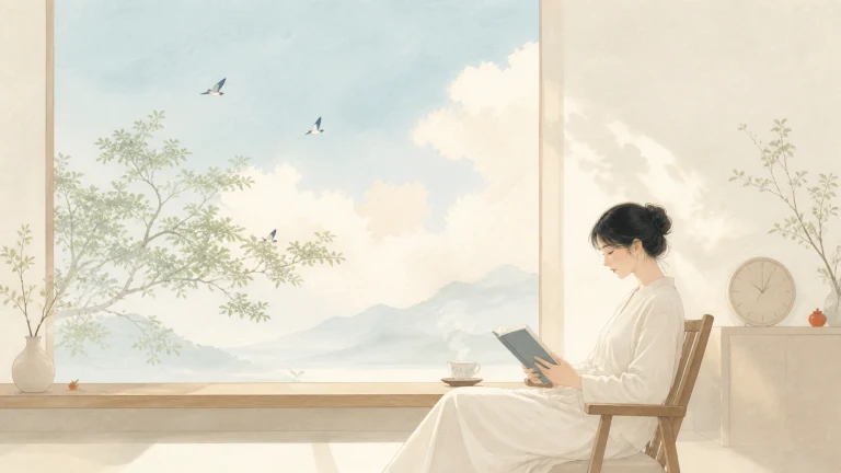 一名女子坐在明亮山景窗边阅读手中的书