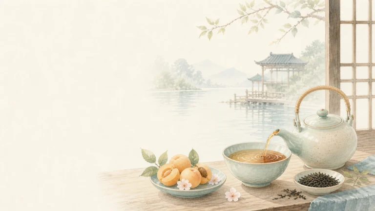 茶壶、茶杯与点心摆在临湖亭景的窗边桌上