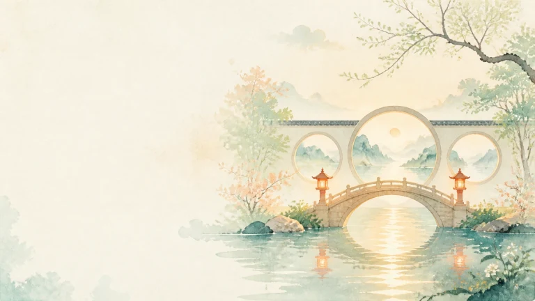 拱桥横跨水面，桥后院墙开着三个圆形门洞