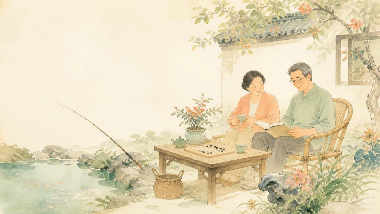 一对老人坐在庭院池边的桌旁，其中一人手持鱼竿