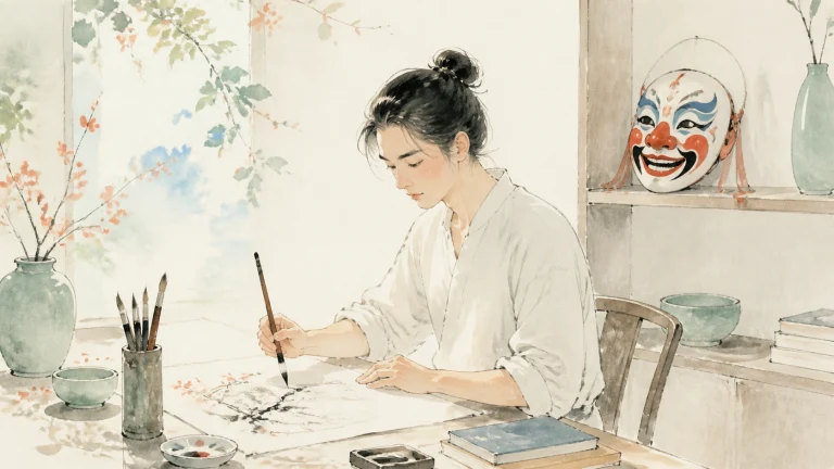 一名女子伏案书写，身后墙上挂着彩绘戏曲面具