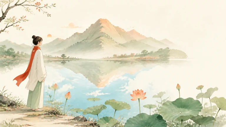 披红色围巾的女子站在荷塘边眺望湖山