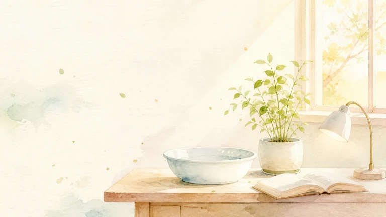 水盆、绿植与摊开的书摆在阳光窗边桌上