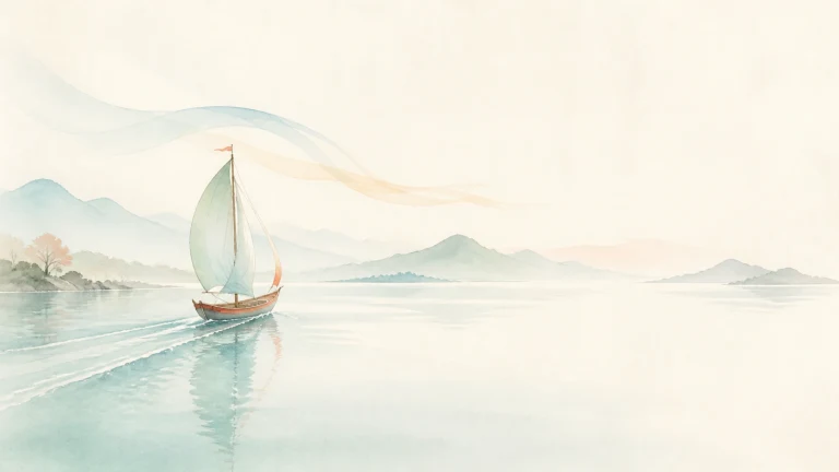 一艘白帆船驶过平静湖面与远山