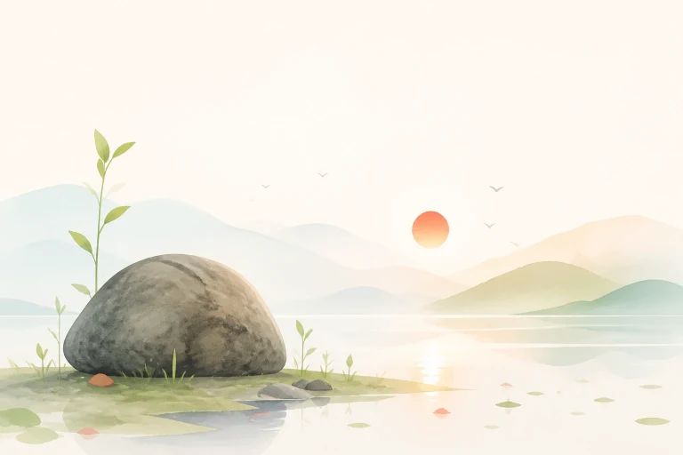 一株嫩芽从湖边大石后方伸向夕阳