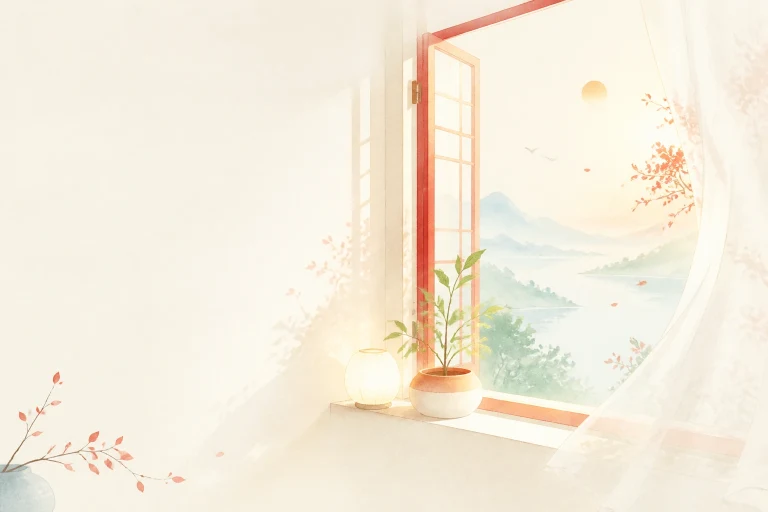 红框窗边摆着一盆绿植，窗外是群山与花树