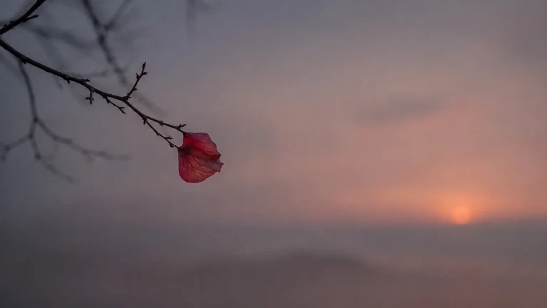 一朵红花垂在暮色枝头，远处夕阳映着湖面