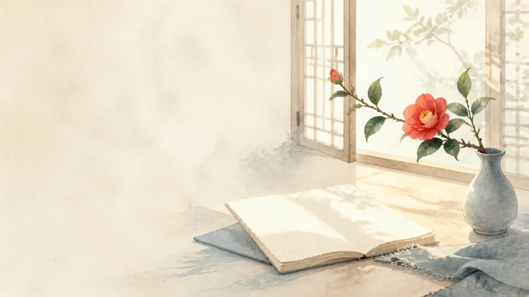 红花插在窗边花瓶中，旁边摊着一本书