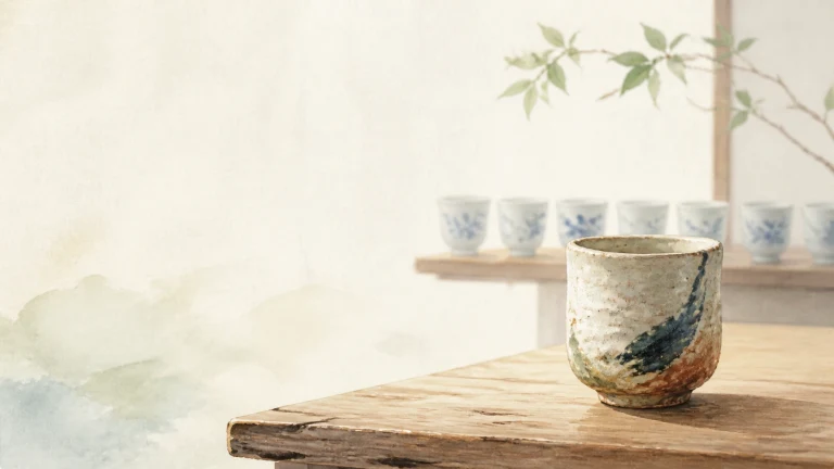 绘有山水纹样的陶杯摆在木桌边缘