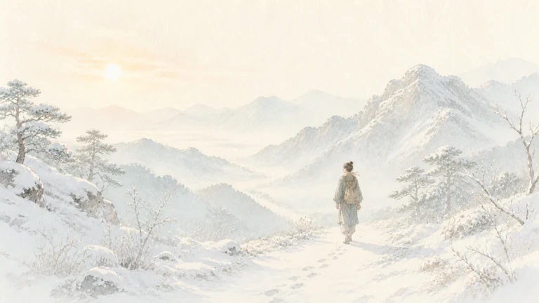一名行人独自走在积雪覆盖的群山小路上