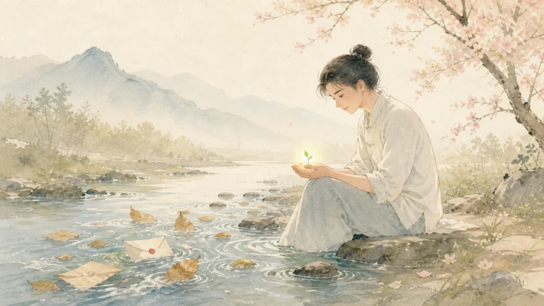 一名女子坐在浅溪中查看手里的绿色物品，水面漂着纸页