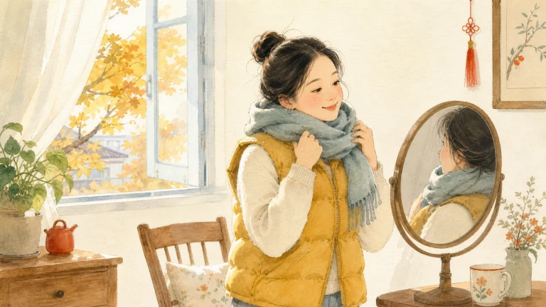 一名女子站在镜前围上灰色围巾