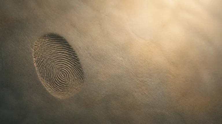 一枚清晰指纹印在斜射阳光下的灰色表面