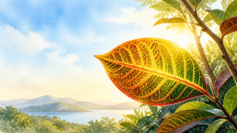 一片橙红叶脉清晰的叶子映在湖山夕阳前
